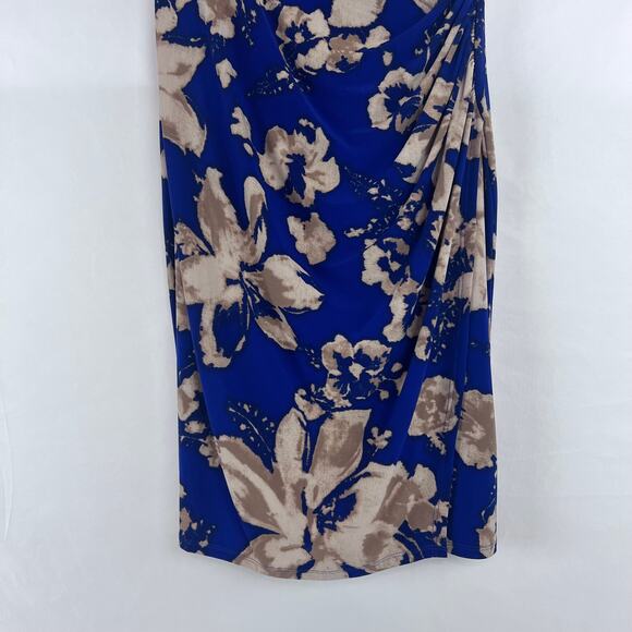 Lauren By Ralph Lauren Floral Print Blue And Tan Color Ruched Side 6 - Picture 4 of 9